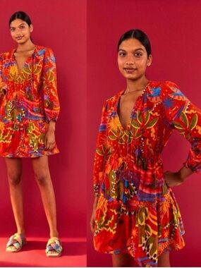 Farm Rio Red Magic Forest V-Neck Mini Dress